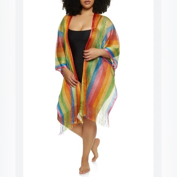New! Metallic Thread Beach Coverup Lightweight Stripe Fringe Free Size - Picture 1 of 8